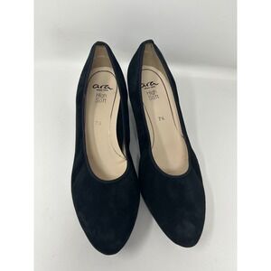 Ara High Soft Black Suede Block Heel Pumps Round Toe Womens Size 7.5 Shoes